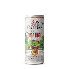 Lata de cóctel Cuba Libre de Ron Viejo de Caldas sobre fondo blanco. El diseño muestra el logo de la marca, una ilustración de un cóctel servido con rodajas de limón y menta, y la descripción del producto.