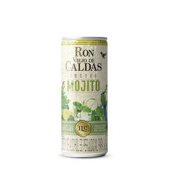 Lata de cóctel Mojito de Ron Viejo de Caldas sobre fondo blanco. El diseño presenta tonos verdosos frescos, el logo de la marca, una ilustración de un mojito con rodajas de limón y menta, y la descripción del producto.