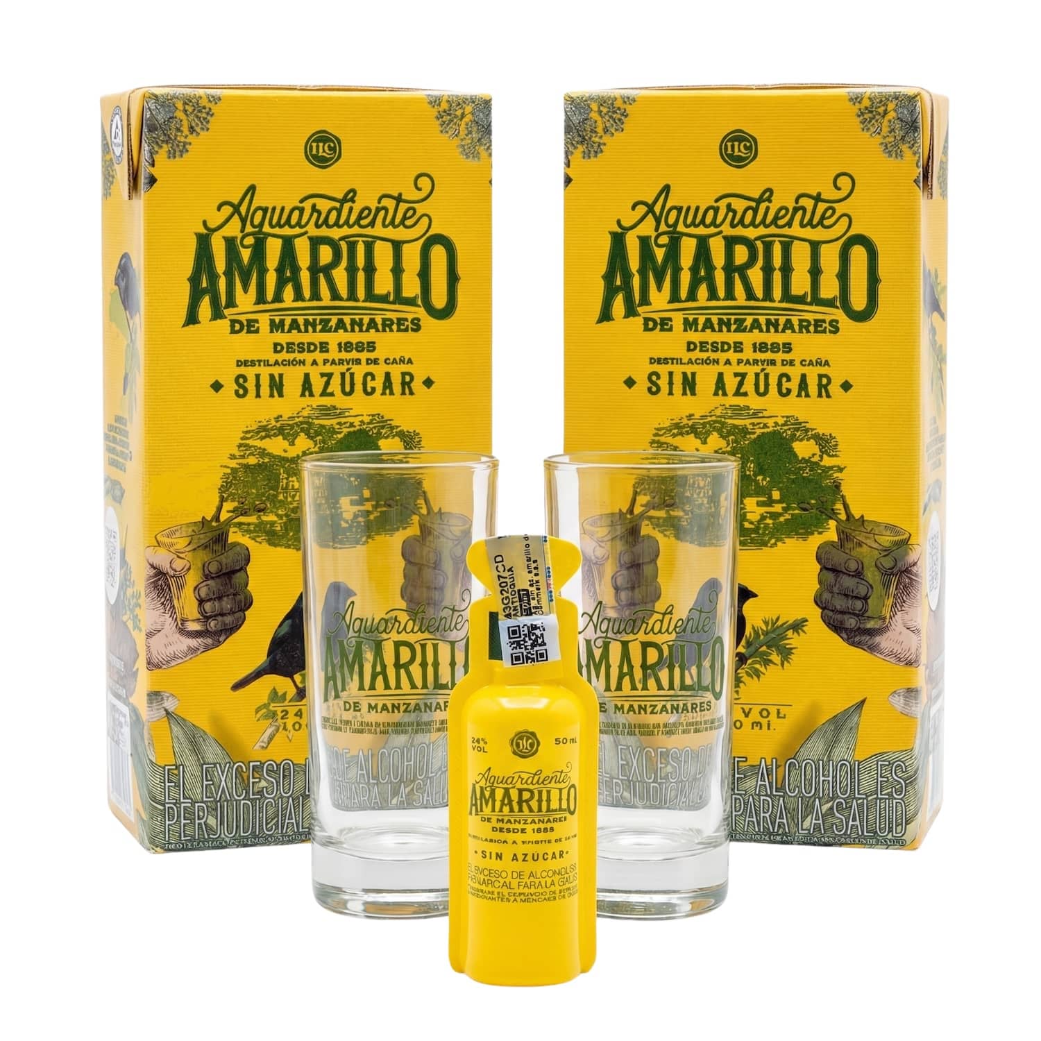 Combo de dos cajas de Aguardiente Amarillo de Manzanares sin azúcar, dos vasos de vidrio estampados y una botella miniatura.
