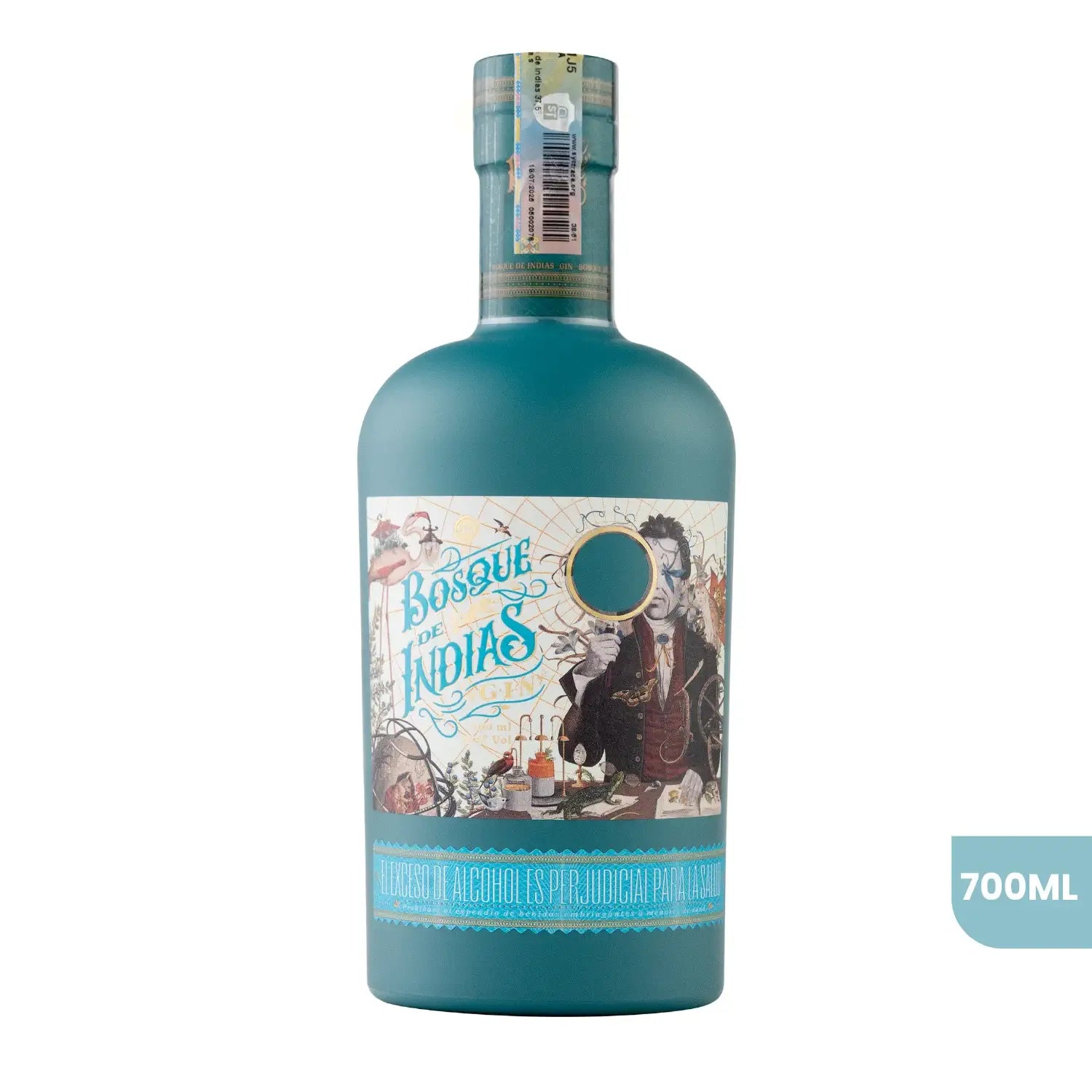 Botella de Gin Bosque de Indias de 700ml sobre fondo blanco. La botella tiene un acabado de color azul verdoso mate y presenta una etiqueta detallada con ilustraciones estilo vintage, mapas y la figura de un explorador.