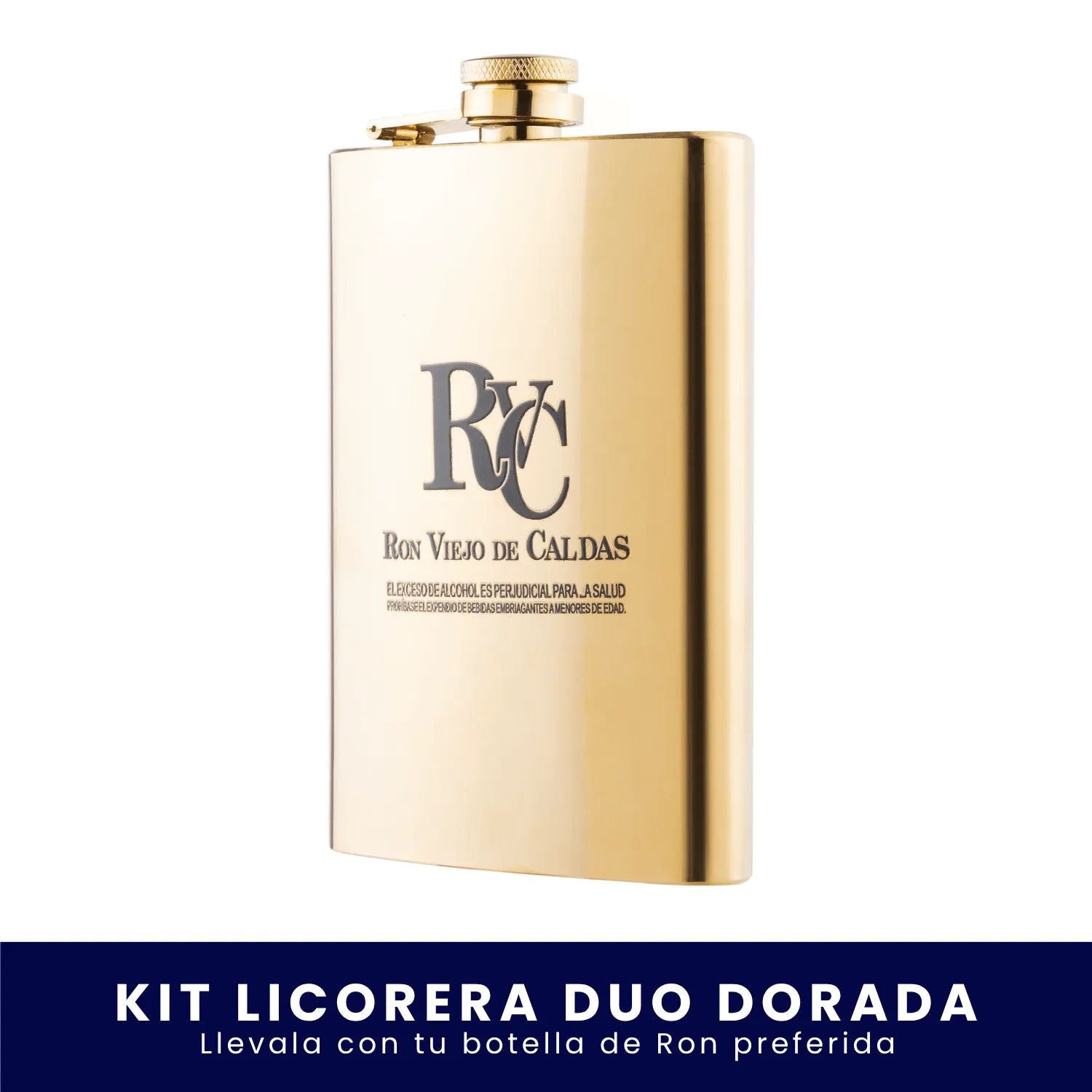 Licorera de bolsillo con acabado dorado brillante que luce el logo de Ron Viejo de Caldas grabado en el centro, sobre fondo blanco. En la parte inferior tiene un banner azul con el texto "Kit Licorera Duo Dorada Llévala con tu botella de Ron preferida".