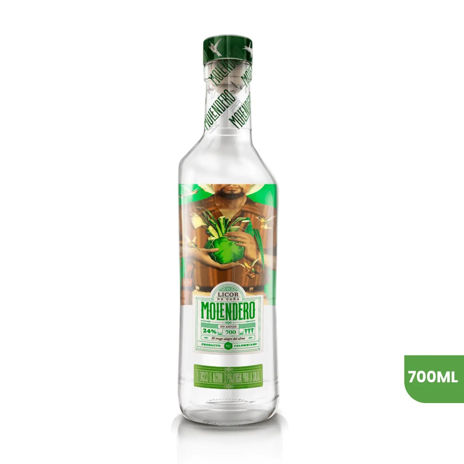 Botella de Licor de Caña Molendero de 700ml sobre fondo blanco. La botella de cristal transparente muestra una etiqueta con la ilustración de un campesino sosteniendo una caña de azúcar, con detalles en tonos verdes y tierra.