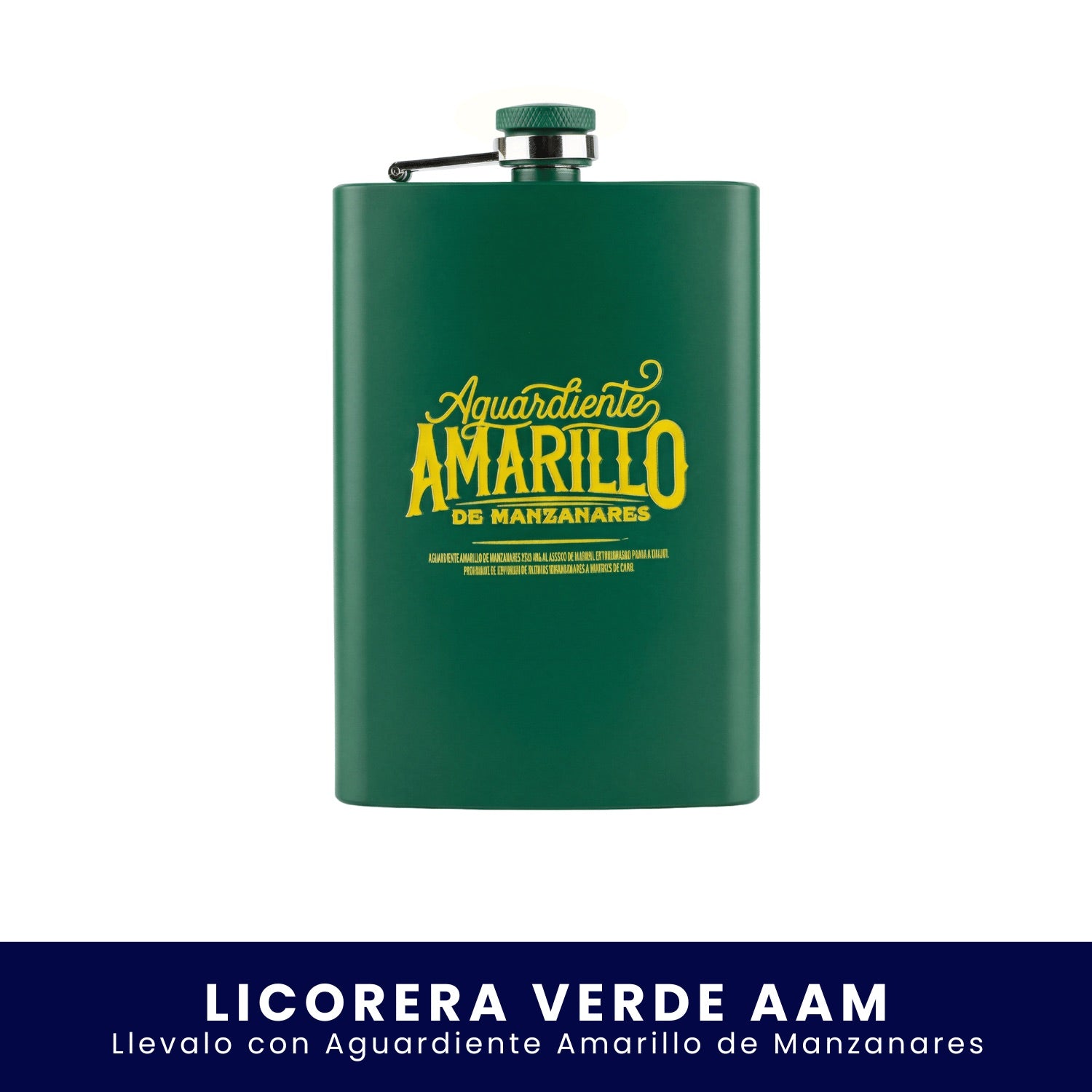 Licorera de bolsillo color verde con el logo impreso en amarillo de Aguardiente Amarillo de Manzanares sobre fondo blanco.