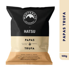 Empaque frontal de papas chips Monte Rojo x Hatsu sabor trufa de 100g. El diseño combina los colores negro y beige, incluyendo el logo de la marca y la descripción del producto como "papas cultivadas en Colombia".