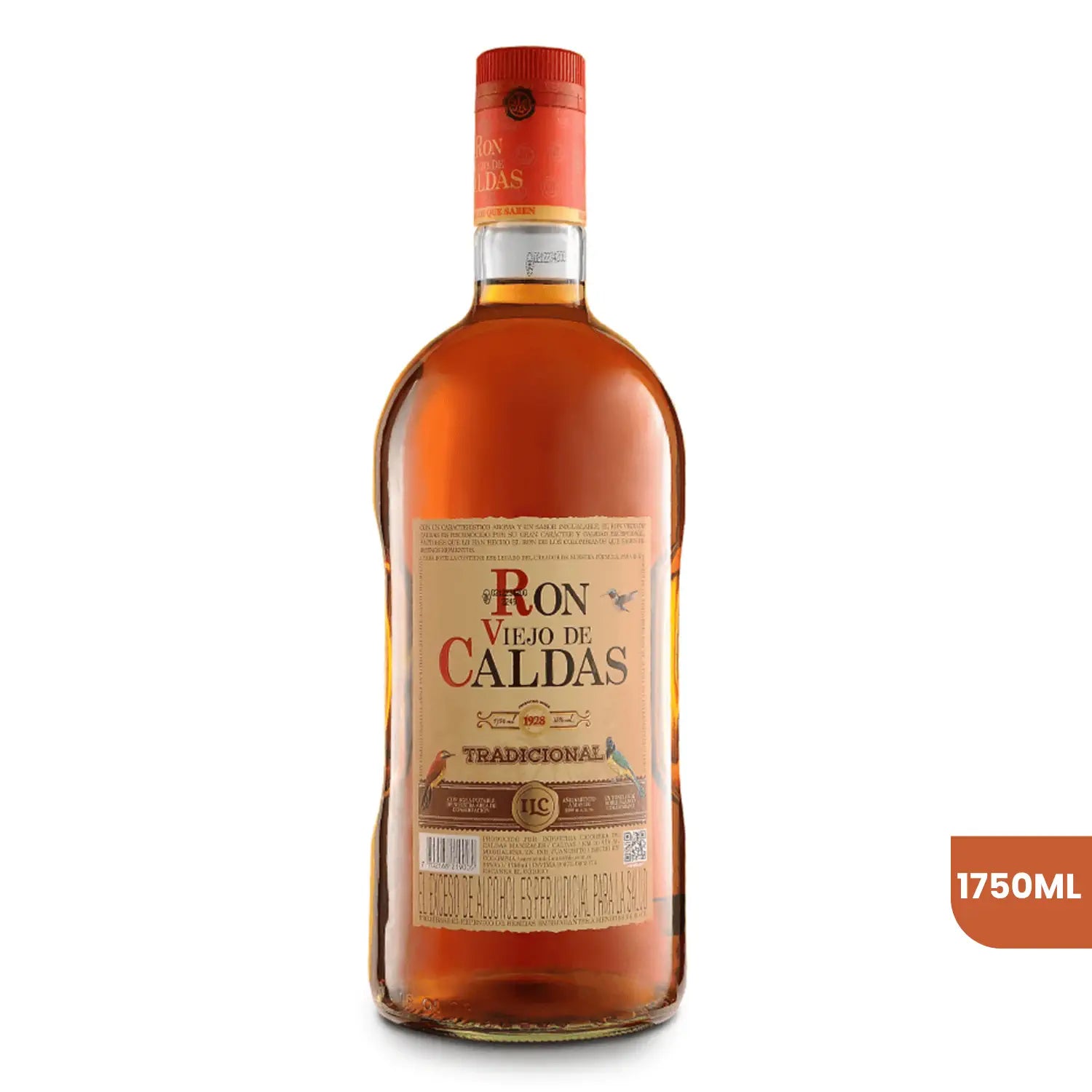 Botella de Ron Viejo de Caldas Tradicional de 1750ml sobre fondo blanco. La botella de cristal muestra el licor ámbar oscuro y una etiqueta clásica en tonos dorados con el logo distintivo de la marca e ilustraciones de aves.