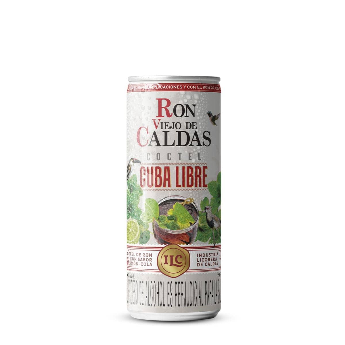 Lata de cóctel Cuba Libre de Ron Viejo de Caldas sobre fondo blanco. El diseño muestra el logo de la marca, una ilustración de un cóctel servido con rodajas de limón y menta, y la descripción del producto.