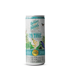 Lata de cóctel Gin Tonic Bosque de Indias sobre fondo blanco. El diseño es de tonos claros y turquesas, con el logo de la marca, una ilustración fresca del cóctel con limón y botánicos, y la descripción del producto.