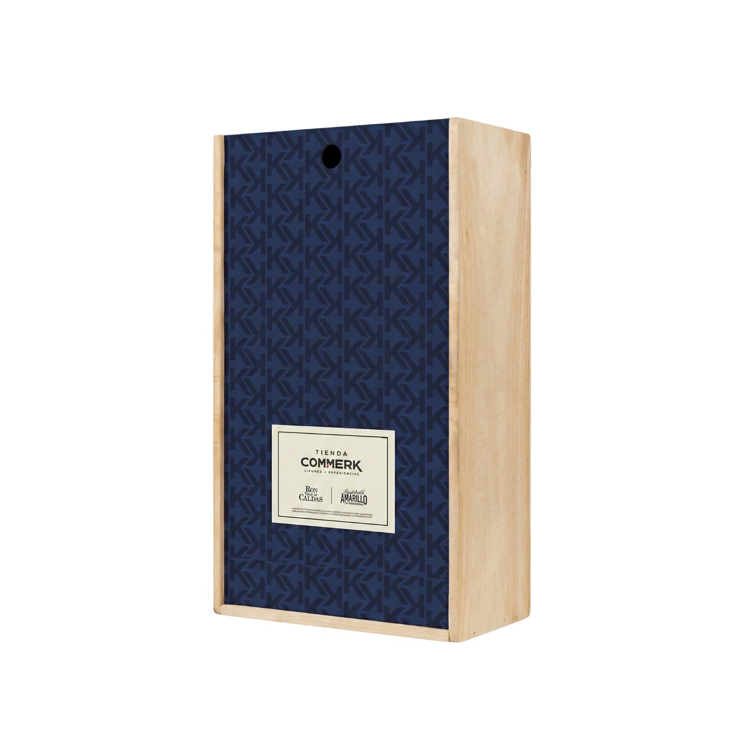 Caja de madera tamaño M con tapa azul estampada y etiqueta frontal con el logo de Tienda Commerk sobre fondo blanco.