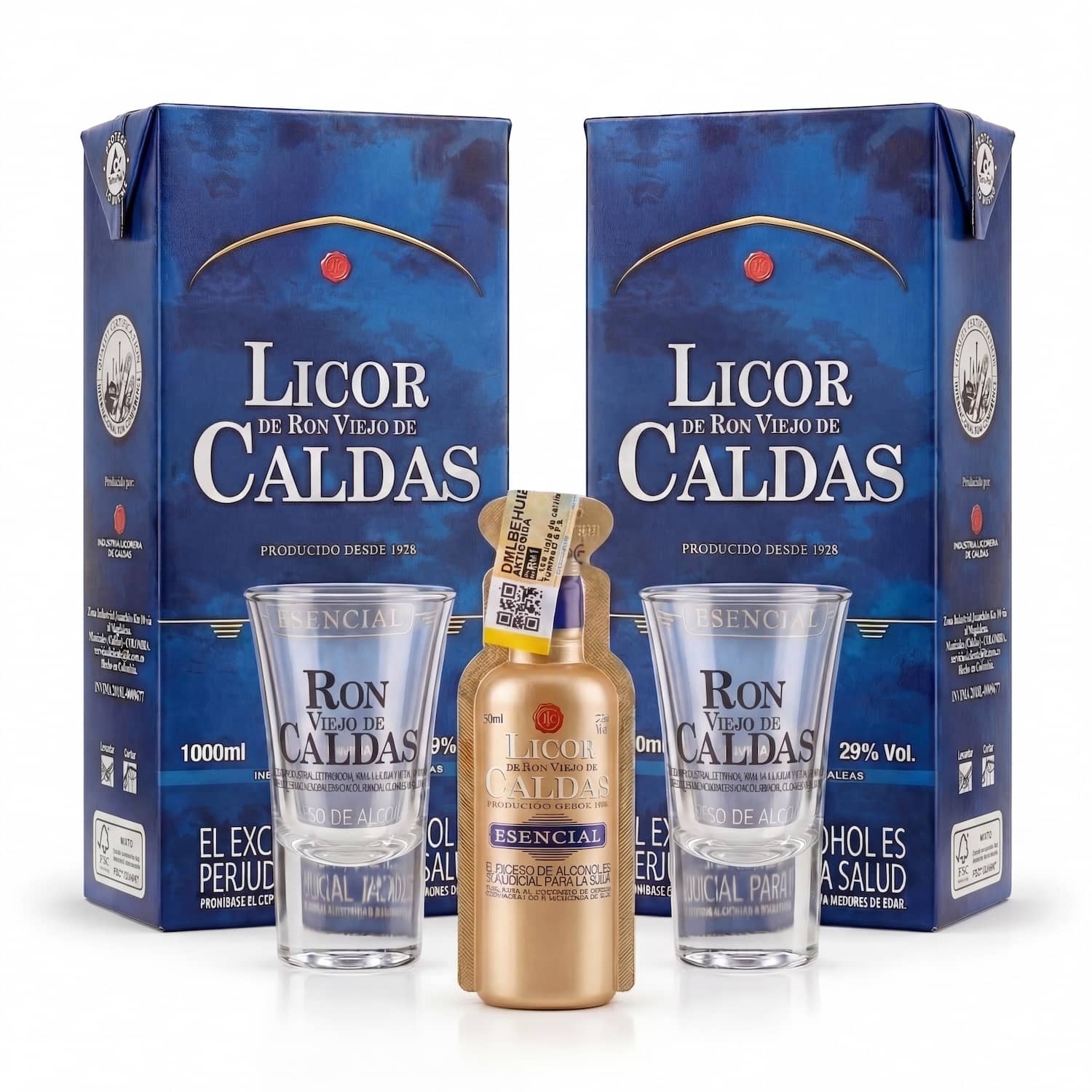 Combo de 2 cajas de Aguardiente Amarillo de Manzanares sin azúcar, 2 vasos de vidrio y 1 botella miniatura