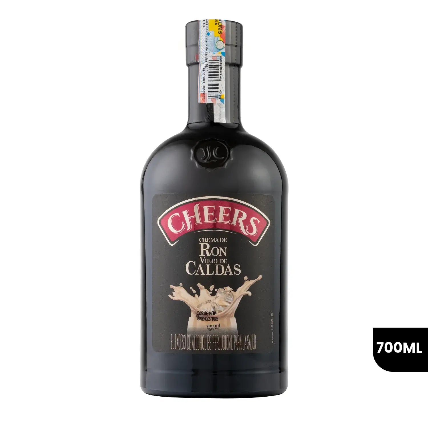 Botella de Crema de Ron Viejo de Caldas Cheers de 700ml sobre fondo blanco. La botella oscura presenta una etiqueta central distintiva con el logo de "Cheers", detalles en color crema que simulan una salpicadura y texto descriptivo del producto.