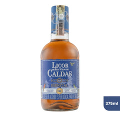 Botella de Licor de Ron Viejo de Caldas Esencial de 375ml sobre fondo blanco. La botella de cristal muestra el licor ámbar y una etiqueta distintiva en tonos azules con el logo de la marca, el nombre "Esencial" e ilustraciones de aves típicas.