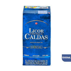 Empaque tipo tetra brik de Licor de Ron Viejo de Caldas Esencial de 1000ml sobre fondo blanco. El diseño es de color azul intenso con el logo de la marca en letras blancas y detalles dorados, incluyendo información sobre el contenido y advertencias legales.