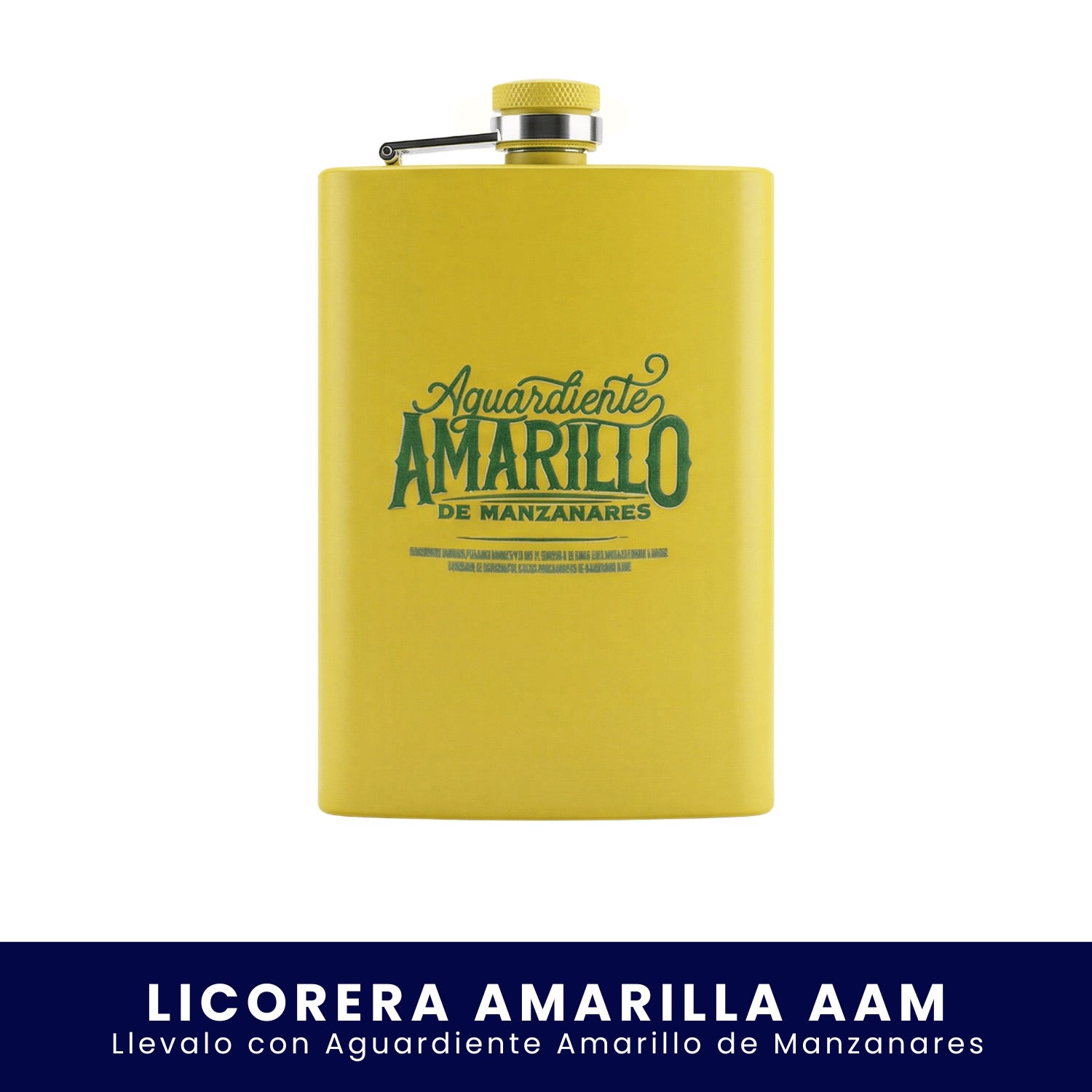 Licorera de bolsillo color amarillo con el logo impreso en verde de Aguardiente Amarillo de Manzanares sobre fondo blanco.