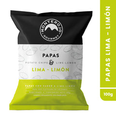Empaque frontal de papas chips Monte Rojo sabor lima-limón de 100g. El diseño combina los colores negro, blanco y verde brillante, con ilustraciones de rodajas de papa y el logo de la marca en la parte superior.