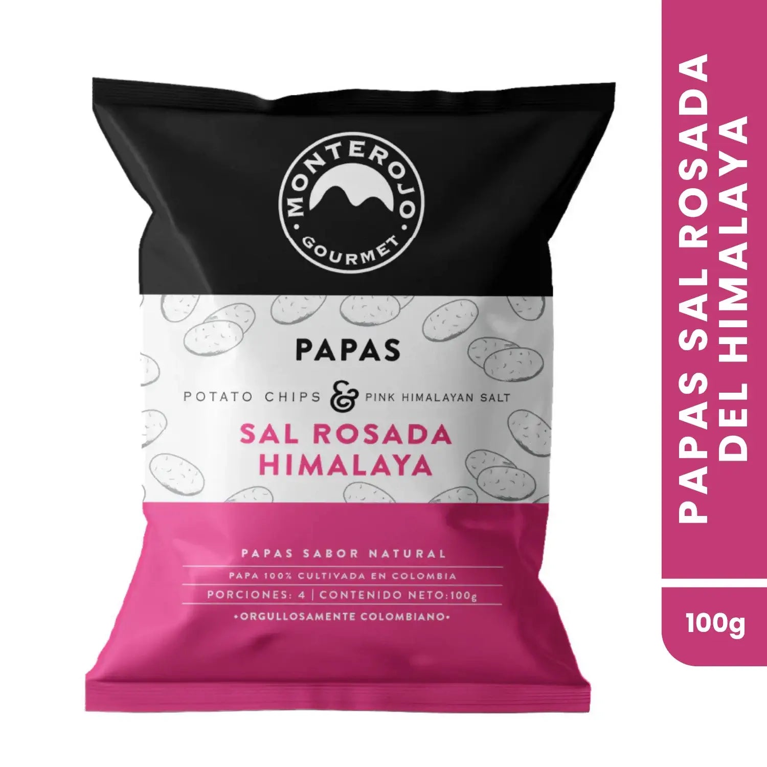 Empaque frontal de papas chips Monte Rojo sabor sal rosada del Himalaya de 100g. El diseño combina los colores negro, blanco y fucsia, con ilustraciones de rodajas de papa y el logo de la marca en la parte superior.