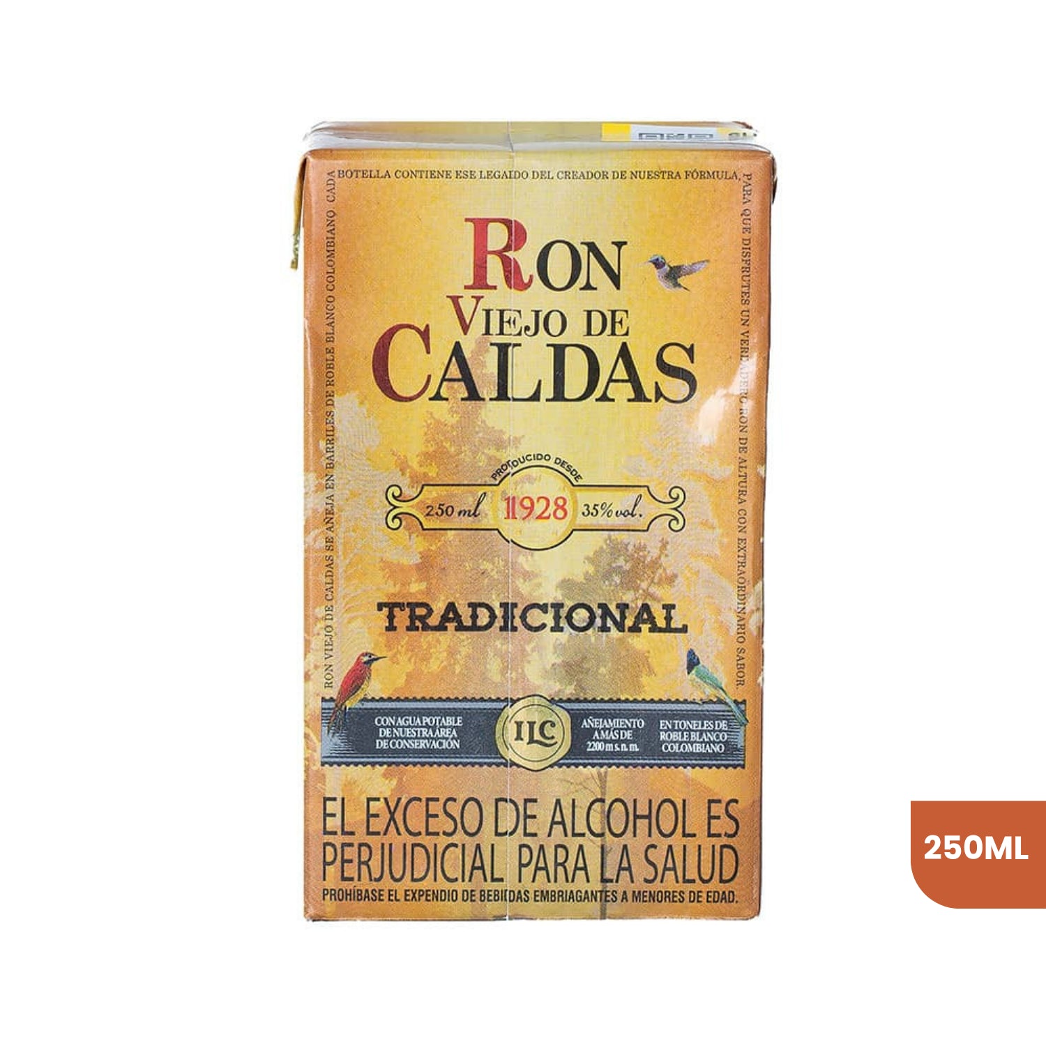 Empaque tipo tetra brik de Ron Viejo de Caldas Tradicional de 250ml sobre fondo blanco. El diseño presenta tonos dorados y ocres, con el logo clásico de la marca, información del producto y pequeñas ilustraciones de aves en la parte inferior.